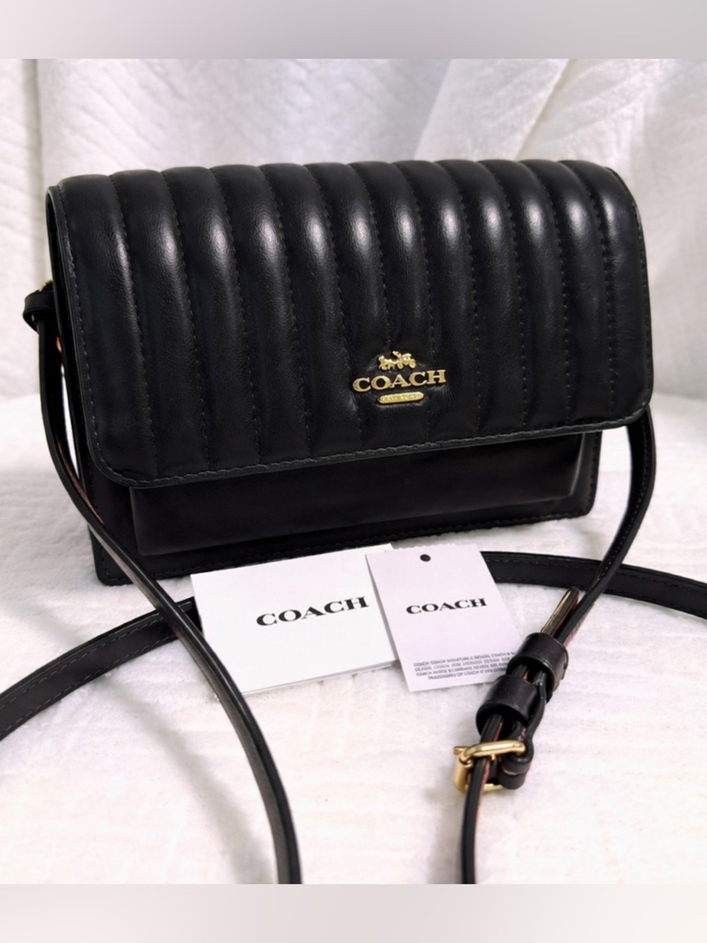 COACH Linear Quilted Black Nappa Leather Belt Bag Crossbody 2Way Convertible Bag